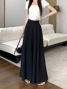 Pantalones de pierna ancha de mujer plisados de talle alto drapeados slim pantalones de traje casual - Negro - Ver 6