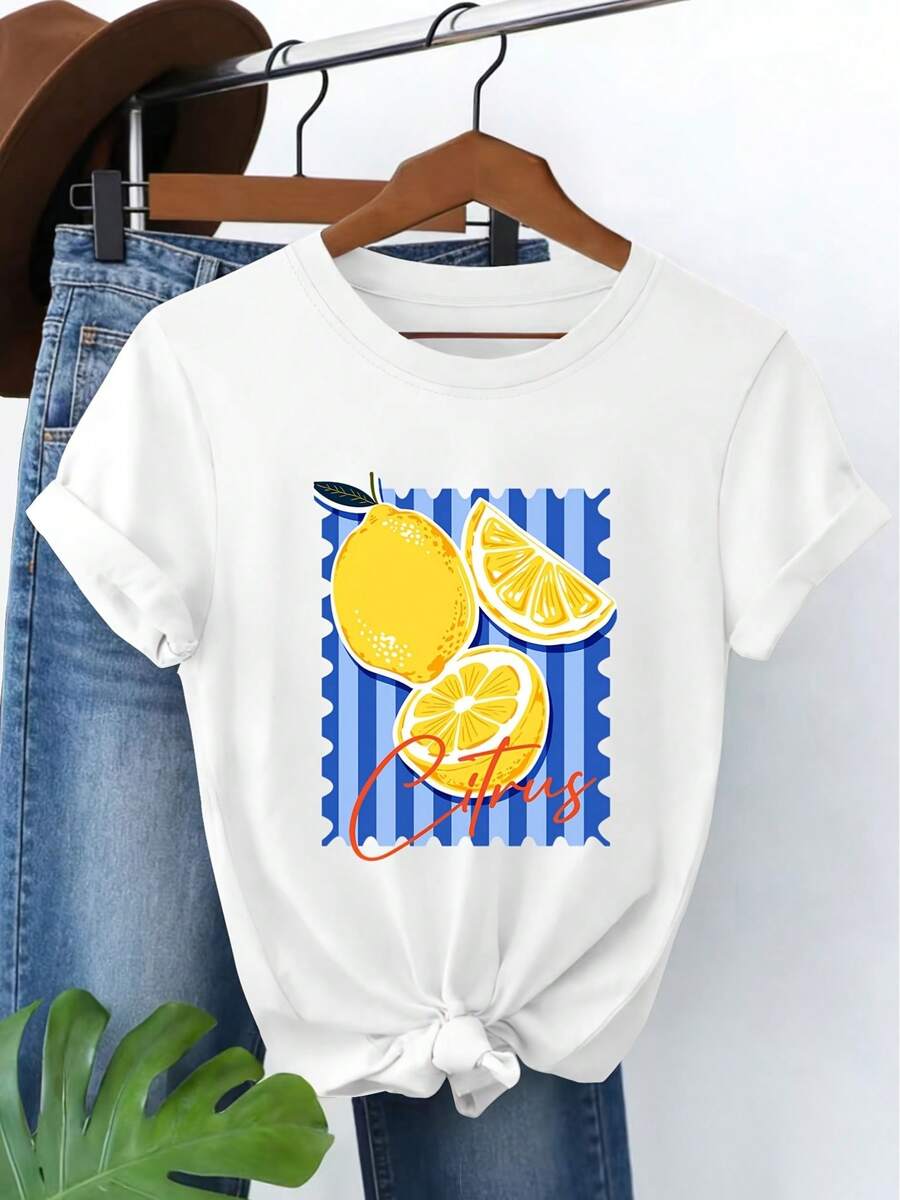 2026 New Fresh Fruit Series, Striped Citrus Lemon Print, Casual Style, Vintage Fashion, Leisure Sport Style For Spring Summer, Soft And Comfortable Round Neck Short Sleeve T-Shirt, Available In Sizes S-XXL - 白色 - 查看 1