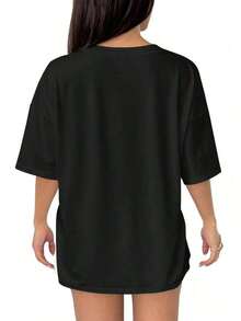 Camia de cuello redondo Oversize Extra con estampado Baic New York para mujeres, moda Y2K, ajuste casual, peso ligero, Eentia para impresión y uso, ropa casual Y2K con textura brillante, 230 Adecuado como regalo. playera de mujer. blusas>elegantes. boho chic,Top de mujer suave, transpirable y cómodo, ideal para primavera, verano y otoño, perfecto para vacaciones, viajes y uso diario. - Negro - Ver 2