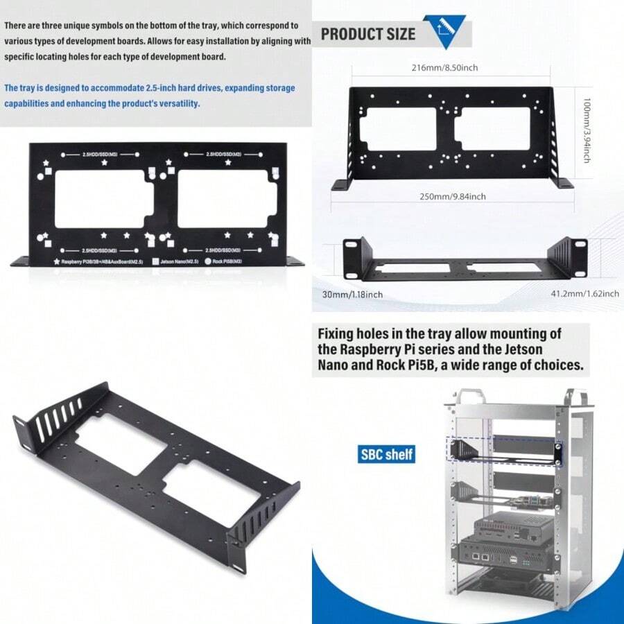 GeeekPi - Estante para rack SBC de 10 pulgadas, compatible con Raspberry Pi/Jetson Nano/RockPi 5B/Dev Board y HDD/SSD de 2.5 pulgadas, para DeskPi RackMate T1/T0/T2/T0 Plus/T1 Plus/TL1 Server Cabinet - negro - Ver 1