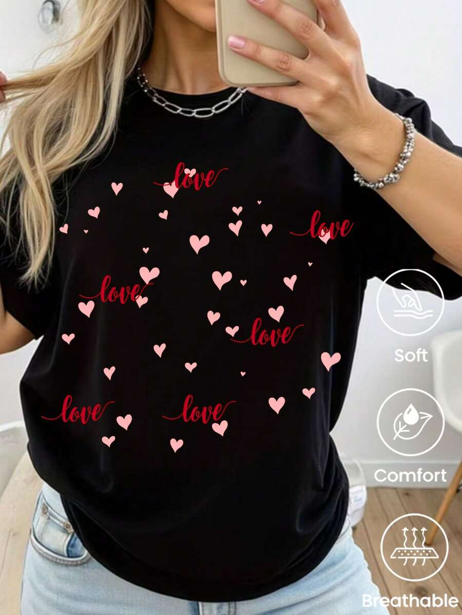 180g Made In Mexico, Spring/Summer 2026 Fashion Short Sleeve T-Shirt, Cartoon Print, Couple Style, Underwear/Outerwear, Casual Round Neck For Office, Unisex One Piece Top - 黑色 - 查看 1