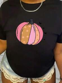 Plus Size - Women's Plus Size Stretch T-Shirt - Soft Crew Neck Top With Pumpkin Graphic, Casual T-Shirt For All Seasons And Halloween Parties - Washable Black T-Shirt With Pink And Orange Details, Seasonal Fashion, Fun Design, Comfortable Fit, Stylish Blouse, Women - 黑色 - 查看 5