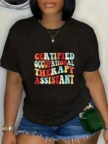 Plus Size, Women's Fun Graphic T-Shirt, Certified For Professional Relaxation, COTA Brand - Modern Black T-Shirt With Colorful Letters, Crew Neck, Short Sleeve, Casual And For Special Occasions, Washable Clothing For Professional Relaxation - 黑色 - 查看 7