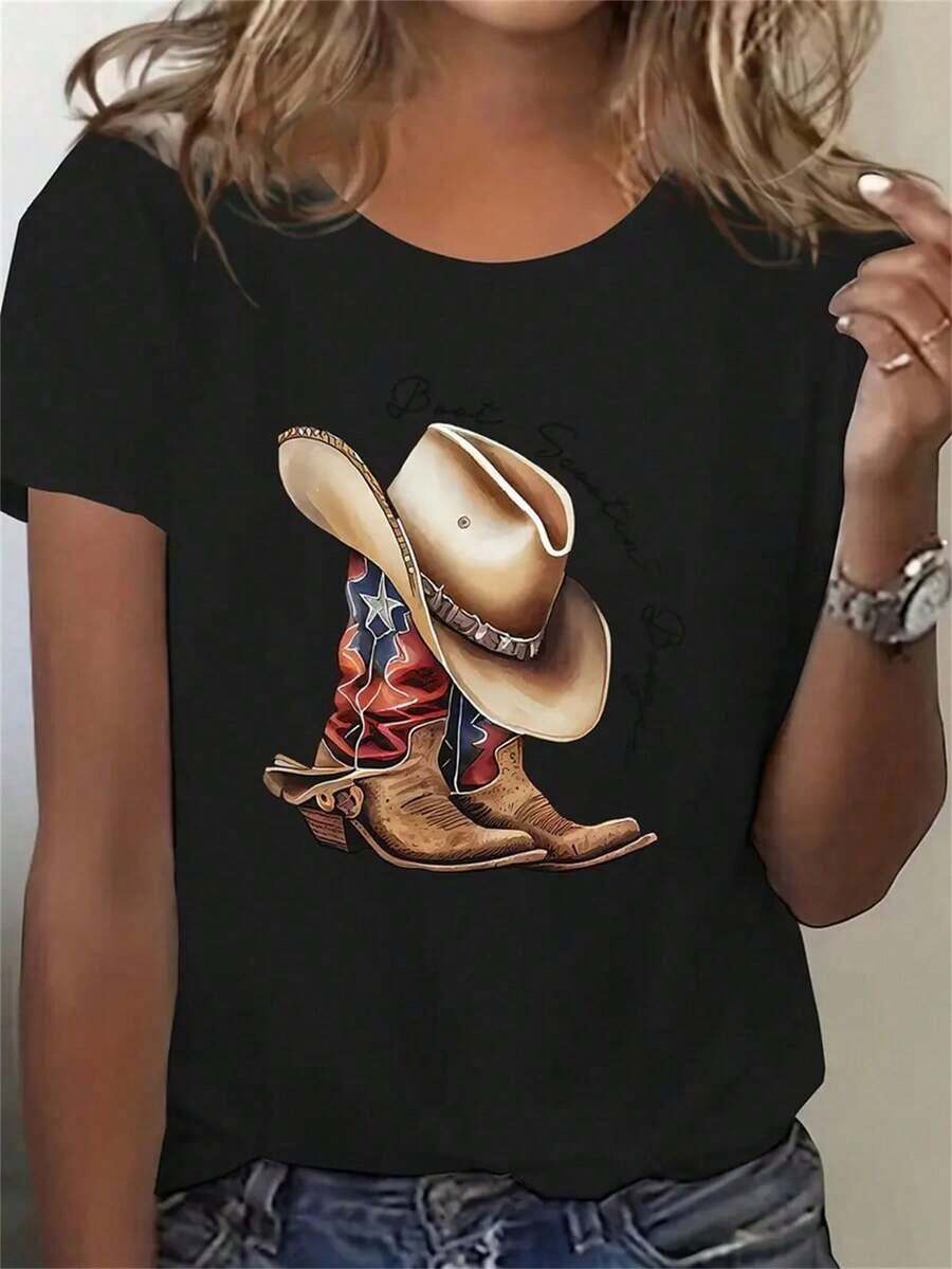 100% Premium Cotton Printed T-Shirt - Women's Western Cowboy Design T-Shirt - Western Cowboy Boots And Hat Pattern - Suitable For Casual Gatherings And Everyday Wear At Country Music Festivals, Loose Fit, Comfortable, Breathable, Suitable For Women, Family, And Friends, Crew Neck Design, Machine Washable, Suitable For All Seasons, Everyday Wear, Interesting Pattern Design, Ideal As A Holiday Gift, Soft Texture, Printed T-Shirt. Gift Idea - 黑色 - 查看 1