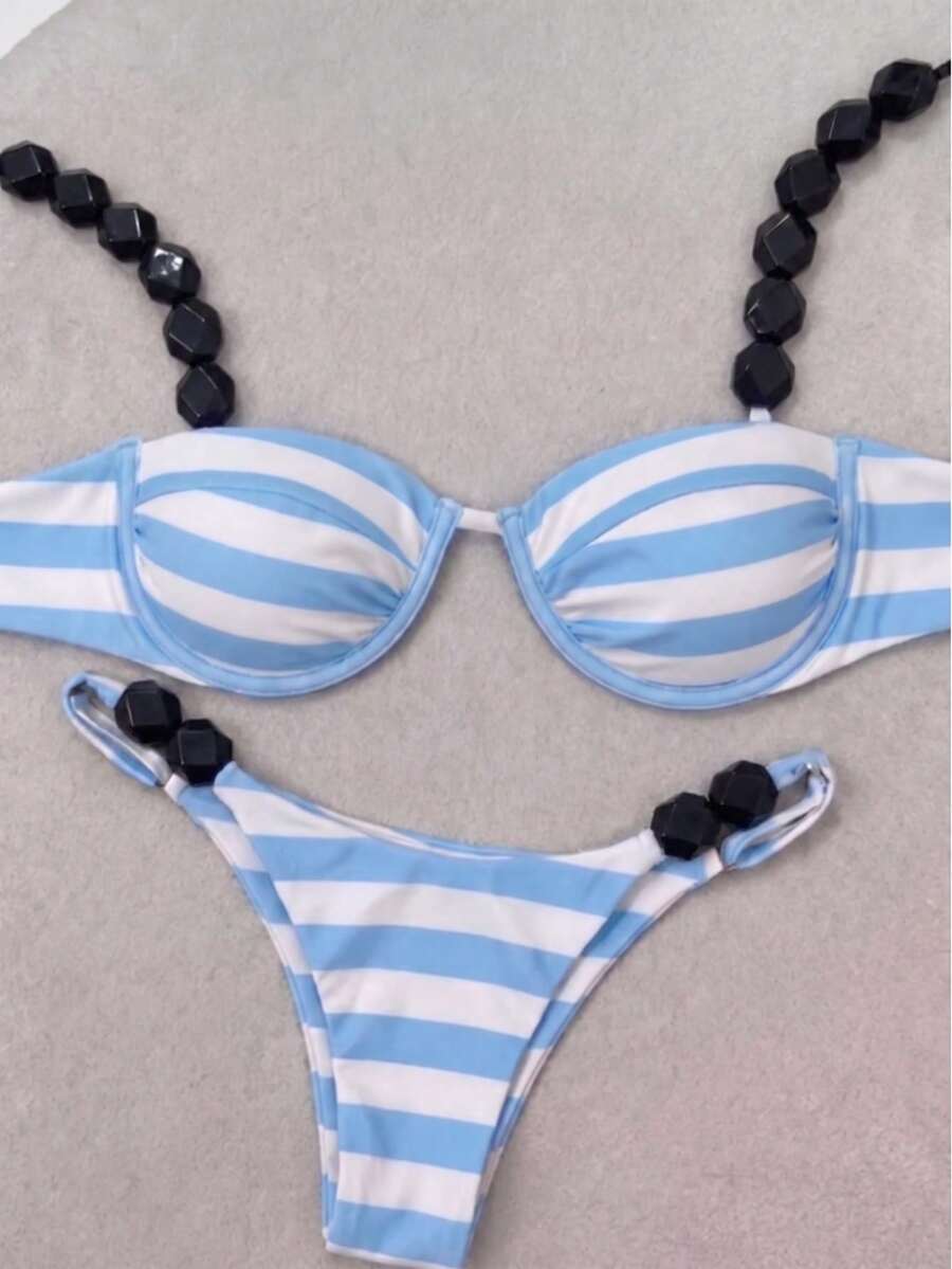 Bikini de mujer con tirantes de cuentas a rayas azules, estilo europeo y americano, para vacaciones y playa de verano - Multicolor - Ver 1