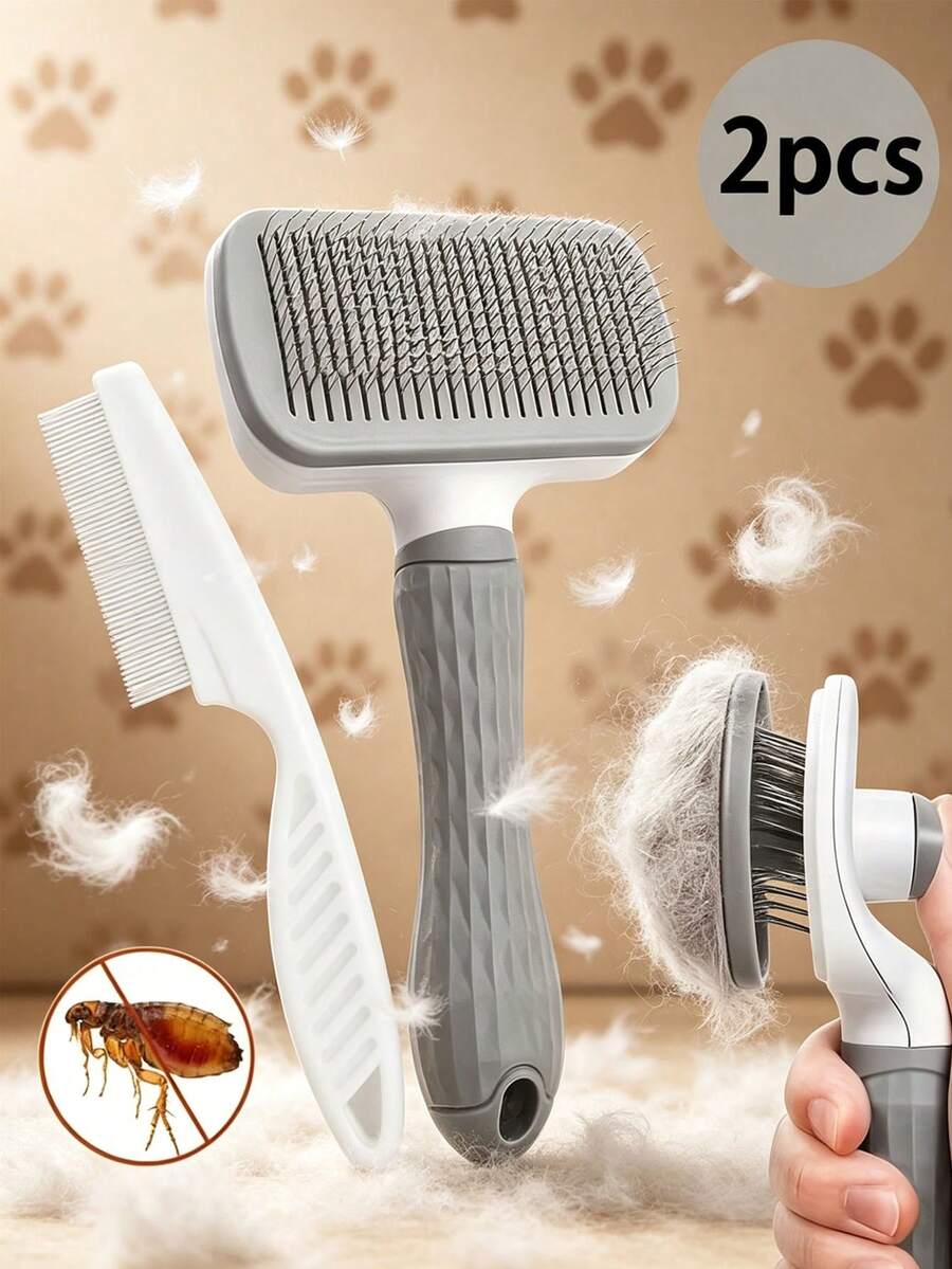 2pcs Pet Grooming Brush Set, Pet Deshedding Brush, Flea And Undercoat Remover, Easy One-Click Deshedding Tool For Dogs And Cats, Pet Brush - Multicolor - View 1
