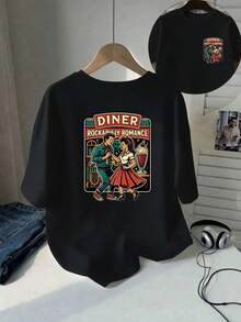 | Exquisite Design | Loose And Comfortable | Easy To Match | Short-Sleeved Printed T-Shirt With Front And Back Designs - ROABILLY ROMAN, Vintage Rock Romance - Fashionable Printed T-Shirt For Women, Spring/Summer,  Item, Versatile And Casual. - Black - View 1