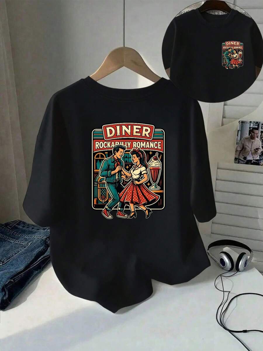 | Exquisite Design | Loose And Comfortable | Easy To Match | Short-Sleeved Printed T-Shirt With Front And Back Designs - ROABILLY ROMAN, Vintage Rock Romance - Fashionable Printed T-Shirt For Women, Spring/Summer, Item, Versatile And Casual. - Black - View 1