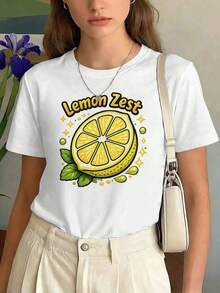 Women's Cotton Camisole With Lemon Zest Print, Round Neck, Loose Fit, Casual Style, Comfortable, Eye-Catching Print. Suitable As A Gift. Women's T-Shirt. Blouses > Elegant. Boho Chic. Soft, Breathable, And Comfortable Women's Top, Ideal For Spring, Summer, And Autumn, Perfect For Vacations, Travel, And Everyday Wear. - 白色的 - 查看 6