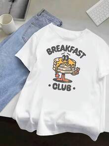| Exquisite Design | Loose And Comfortable | Easy To Match | Lively Retro Design Of A Pancake Breakfast, Relaxed And Fresh Print, Women's Summer Short Sleeve T-Shirt,  And Casual, Available In Various Colors And Sizes From S To XXL. - 白色 - 查看 1