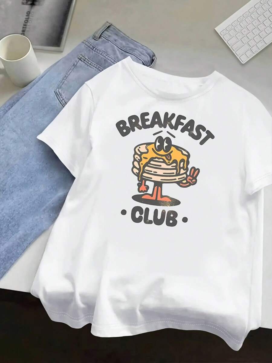| Exquisite Design | Loose And Comfortable | Easy To Match | Lively Retro Design Of A Pancake Breakfast, Relaxed And Fresh Print, Women's Summer Short Sleeve T-Shirt, And Casual, Available In Various Colors And Sizes From S To XXL. - 白色 - 查看 1