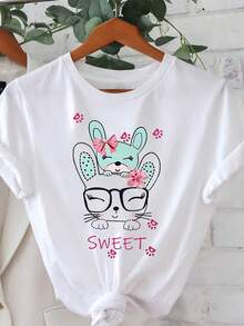Women's T-Shirt: A Sweet Women's T-Shirt Featuring A Cartoon Rabbit With Glasses And A Bow, Adorned With A Charming Print. Perfect For Going Out. - 白色 - 查看 8