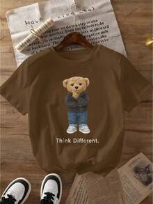 Women's Casual T-Shirt With Cartoon Bear Print - "THINK Different" Print, Soft And Stretchy, Round Neck And Short Sleeves, Ideal For The Gym And Outdoor Activities - Available In Multiple Colors And Sizes, Cute And  Printed T-Shirt, Stretchy Fabric, Fashionable Printed Top 180g 100% Cotton. - 黑色 - 查看 7