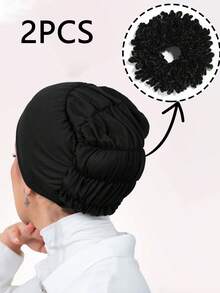 2pcs/Set Women's Fashion Solid Color Elastic Headband Set, Turban Headscarf Combination Suitable For Daily Wear - 2pcs/set - Elastic Cap + Hair Tie - View 2