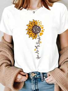 Women's Casual White Short Sleeve T-Shirt With Sunflower Design And The Phrase 'You Are My Sunshine', Perfect For Summer And Everyday Wear - High Quality For Summer - 白色 - 查看 7