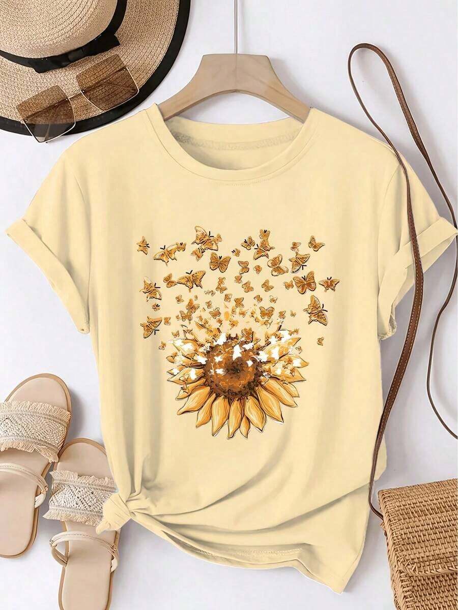 NewSummerCasual Sunflower Print Casual T-Shirt - With Bow Design - Casual Crew Neck, Short Sleeve, Fashionable Spring/Summer T-Shirt - Unisex Loose Fit Cotton Short Sleeve Crew Neck T-Shirt, Vintage Urban Style. Unisex Loose Fit Cotton Short Sleeve Crew Neck T-Shirt, Vintage Urban Style - 杏 - 查看 1