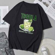 Short-Sleeved T-Shirt With Tequila Cocktail Print With Lime And Ice On A Black Background, Casual Wear, Christmas Gift For Friends, 100% Cotton. - 黑色 - 查看 5