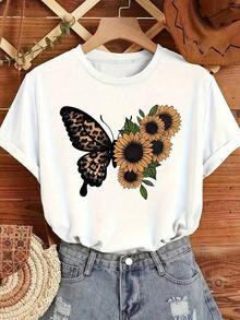 Women's Casual Short Sleeve Crew Neck T-Shirt With Leopard, Butterfly, And Sunflower Print, Regular Fit For Summer. Suitable As A Gift. Women's T-Shirt. Elegant Blouses. Boho Chic. Soft, Breathable, And Comfortable Women's Top, Ideal For Spring, Summer, And Autumn, Perfect For Vacations, Travel, And Everyday Wear. - 白色的 - 查看 1