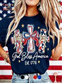 American 250th Anniversary Celebration Apparel Graphic Tees Round Neck T-Shirt, "God Bless America" T-Shirt, USA 250th Anniversary Birthday Gift T-Shi - 藏青色 - 查看 1