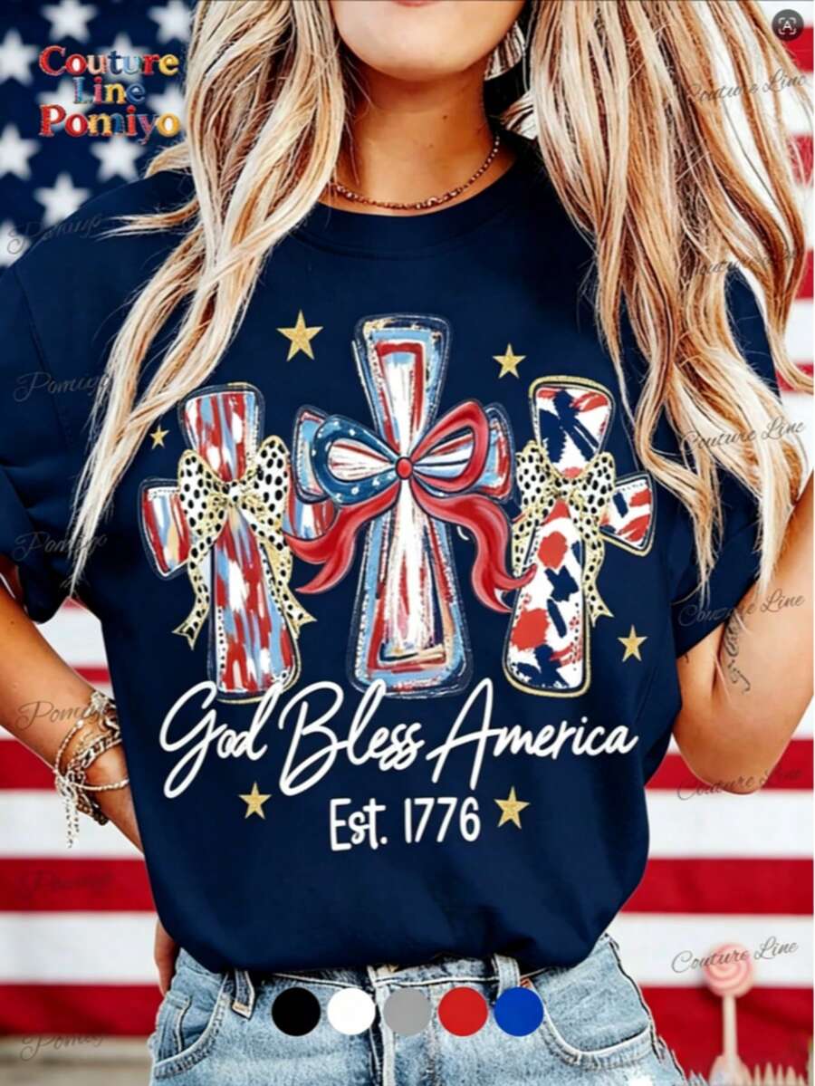 American 250th Anniversary Celebration Apparel Graphic Tees Round Neck T-Shirt, "God Bless America" T-Shirt, USA 250th Anniversary Birthday Gift T-Shi - 藏青色 - 查看 1
