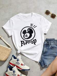 Women's Soft And Casual Short-Sleeved T-Shirt With A Round Neck, Featuring An Embroidered Print Of A Cute Poppop Mouse, Perfect For Everyday Casual Wear. White. - 白色 - 查看 5