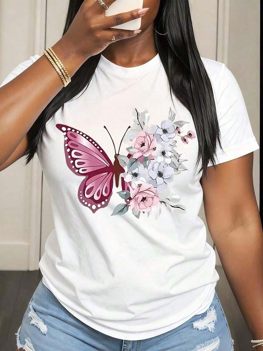 Women's Butterfly And Flower Print T-Shirt, Casual Summer Top, Short Sleeve Floral Print T-Shirt For Women, Fashionable White T-Shirt With Pink Butterfly Design - 白色 - 查看 1