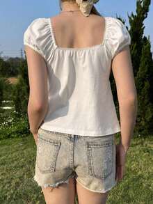 de manga corta casual y versátil con cuello cuadrado para mujer, top amarillo de verano - Blanco - Ver 2