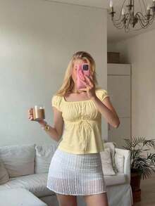 de manga corta casual y versátil con cuello cuadrado para mujer, top amarillo de verano - Amarillo - Ver 11