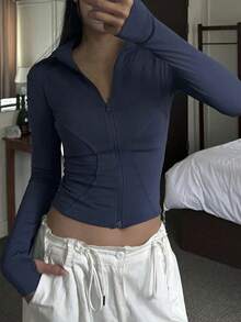 Chaqueta Ajustada Con Cierre De Cremallera Para Mujer - azul real - Ver 8