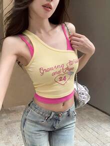性感露背內墊細肩帶背心上衣，無袖修身設計，休閒夏季黃色 - 黃色 - 查看 2