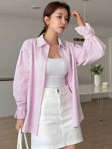 Camisa con volantes y hombros caídos a rayas verticales, blusas de manga larga, ropa de otoño - Rosa Pálido - Ver 2