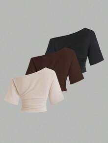 1 Set Camiseta de 3 piezas con hombros oblicuos, fruncidos y recogidos para mujer - Multicolor - Ver 2
