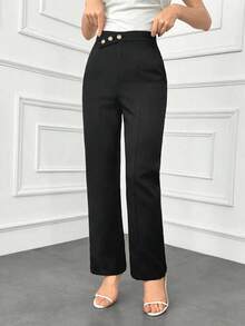 Pantalones elegantes de mujer con pierna recta, cintura suelta y detalles de botones para otoño/invierno - Negro - Ver 4