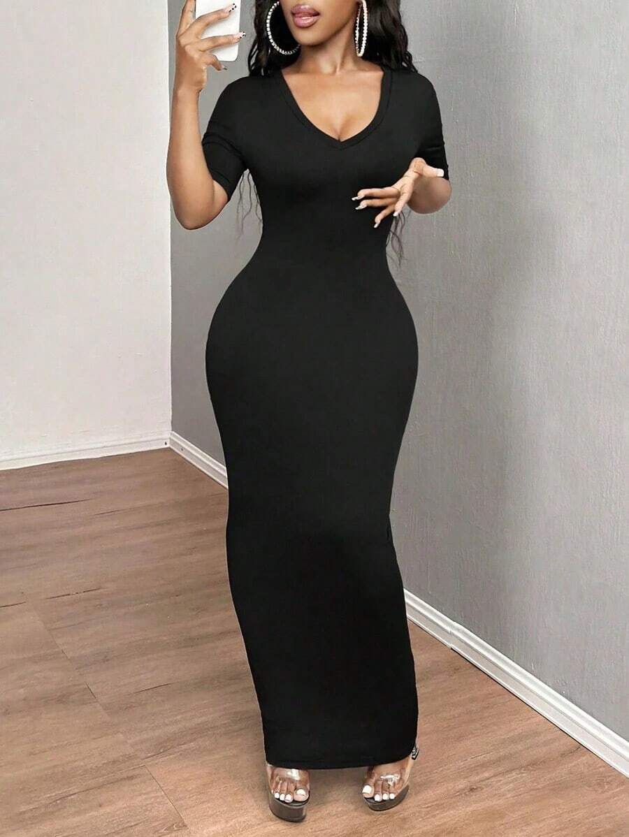 Vestido ajustado corto de manga corta con cuello en V liso para baile de graduación - Negro - Ver 1