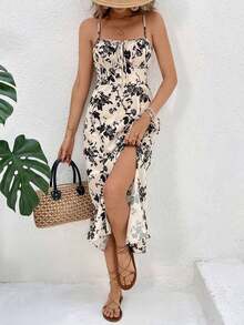 Frenchy Vestido midi con tirantes de espagueti, abertura y estampado floral para mujer, ropa casual para vacaciones - Multicolor - Ver 3