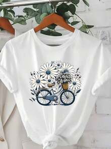 Women's Casual Short Sleeve T-Shirt - Floral And Bicycle Print, Breathable Spring/Summer Top, Nature Inspired Design, Regular Fit, Machine Washable - 白色 - 查看 6