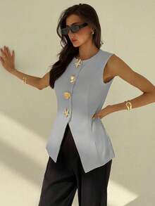 Chaleco casual de verano con botones delanteros y estampado de lunares para mujer - Celeste - Ver 6