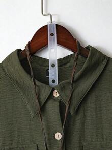 Camisa casual de moda cómoda para mujer de talla grande, de unicolor, con cierre de botones completo, cuello de solapa, manga corta y bolsillos dobles - Verde militar - Ver 5