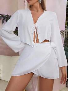 Swim Vcay Set de vestido cruzado informal de 2 piezas y cubrecostillo para playa de verano para mujer - Blanco - Ver 3