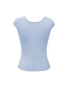 Camiseta de mujer de manga corta con cuello en V, ajuste ceñido, textura ondulada de jacquard, elegante y versátil para uso diario, color rosa, dulce y grácil, juvenil - Celeste - Ver 4