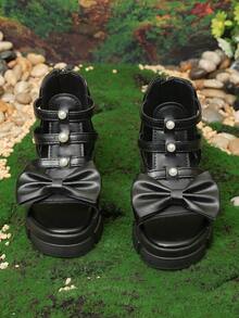 1 Pair Teenage Girls' Black Platform Roman Style Princess Sandals, Solid Color Soft PU Woven + Shiny Pearl Bow Decor, Round Toe Open Toe Chunky Heel Comfortable Soft Bottom Non-Slip Rear Zipper Design, Fashion Sweet Princess Style Wedge Sandals, Suitable For Daily, School, Outing, Travel, Spring/Summer New Arrival - Black - View 6