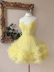 Elegante y lujoso vestido corto hecho a mano con aplicaciones bordadas, encaje de ganchillo y parches de satén, con abertura en la cintura, adecuado para citas, fiestas de solteros, galas, bailes, Día de San Valentín - Mostaza Amarilla - Ver 4