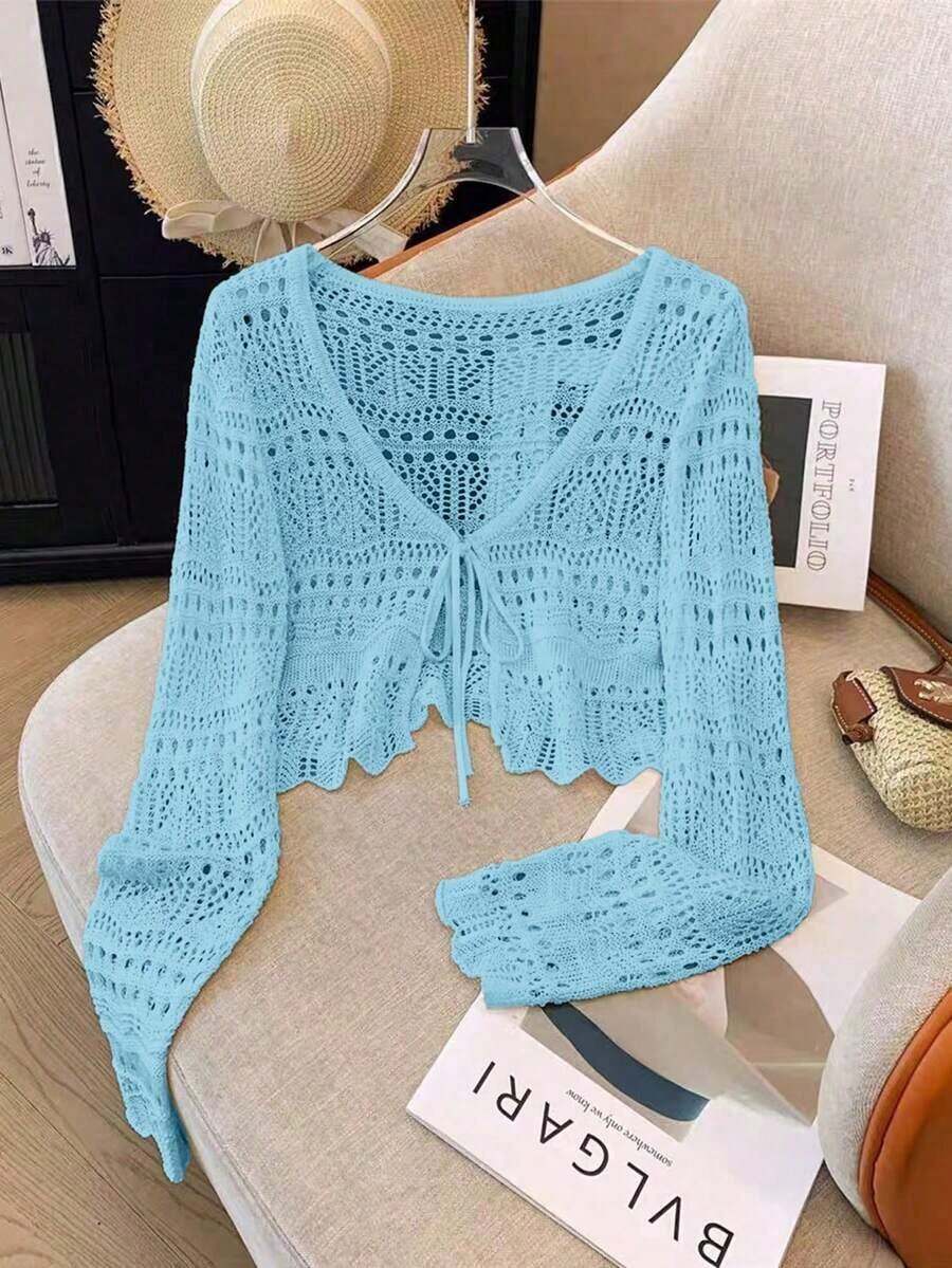 Top de punto nuevo de color sólido, cárdigan de encaje de ganchillo hueco, suéter de punto ligero y versátil para mujer. - Azul menta - Ver 1