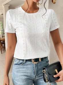Camiseta blanca de cuello redondo con bordado de ojales, minimalista para ir a la oficina, estilo antiguo y sencillo - Blanco - Ver 5