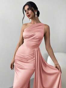 plisado con volante de un solo hombro para mujer, adecuado para fiestas, bailes, vestidos de noche, elegante, banquetes, citas, sexy, fiestas de cóctel, ceremonias de graduación - Rosa - Ver 1