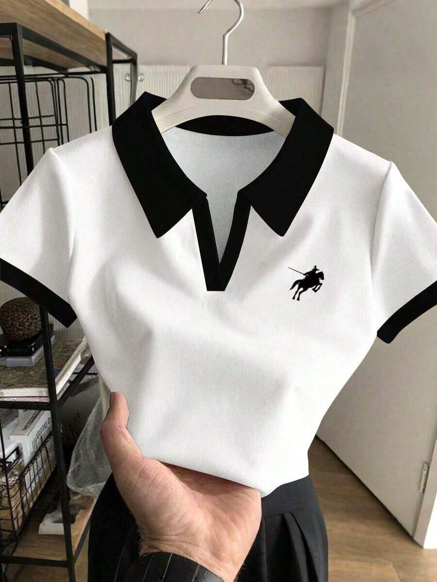 Polo corto de mujer con estampado a rayas ecuestre, cuello a contraste - Blanco 2 - Ver 1
