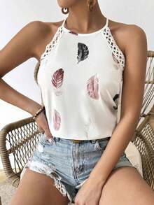 Frenchy Blusa De Estilo Francés Romántico Y Elegante Con Estampado De Plumas Para Mujer, Con Cuello Halter - Multicolor - Ver 2