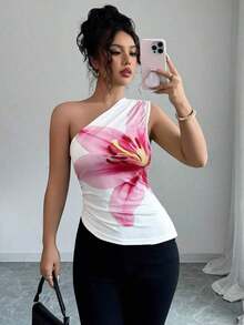 Blusa de punto con estampado de rayas y hombro asimétrico, nueva para el verano de mujer - Rojo y blanco - Ver 7