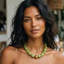 Colorful Beaded Choker Necklace For Women: Boho Large Square Acrylic Beaded Necklace Stainless Steel Adjustable Surfer Beach Strand Necklaces Summer Handmade Jewelry Gift For Women - Green - View 2
