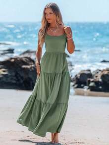 Vestido casual sin mangas con lazo para primavera y verano, atuendos de verano para mujer, vestidos de verano para mujer, atuendos de vacaciones, vestido de playa de verano para mujer, vestido de vacaciones estilo boho y fairycore, vestido sin esp - Verde 2 - Ver 4